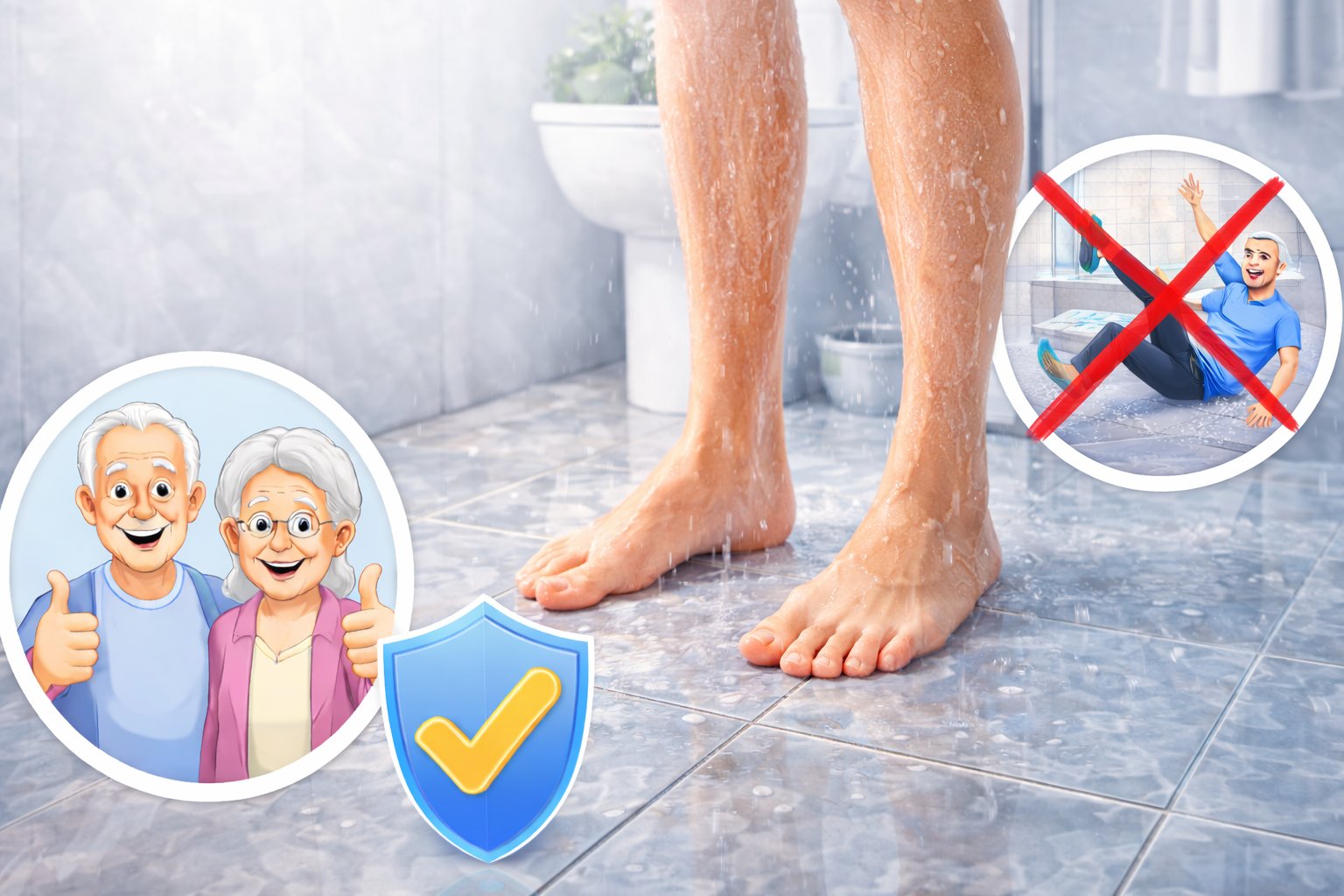Person in der Dusche auf rutschfest beschichteten Fliesen